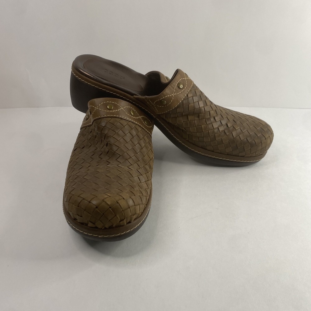 ECCO Women's Brown Woven‎ Leather Mules Clogs Slides Shoe Size EUR 41/US 10.5
